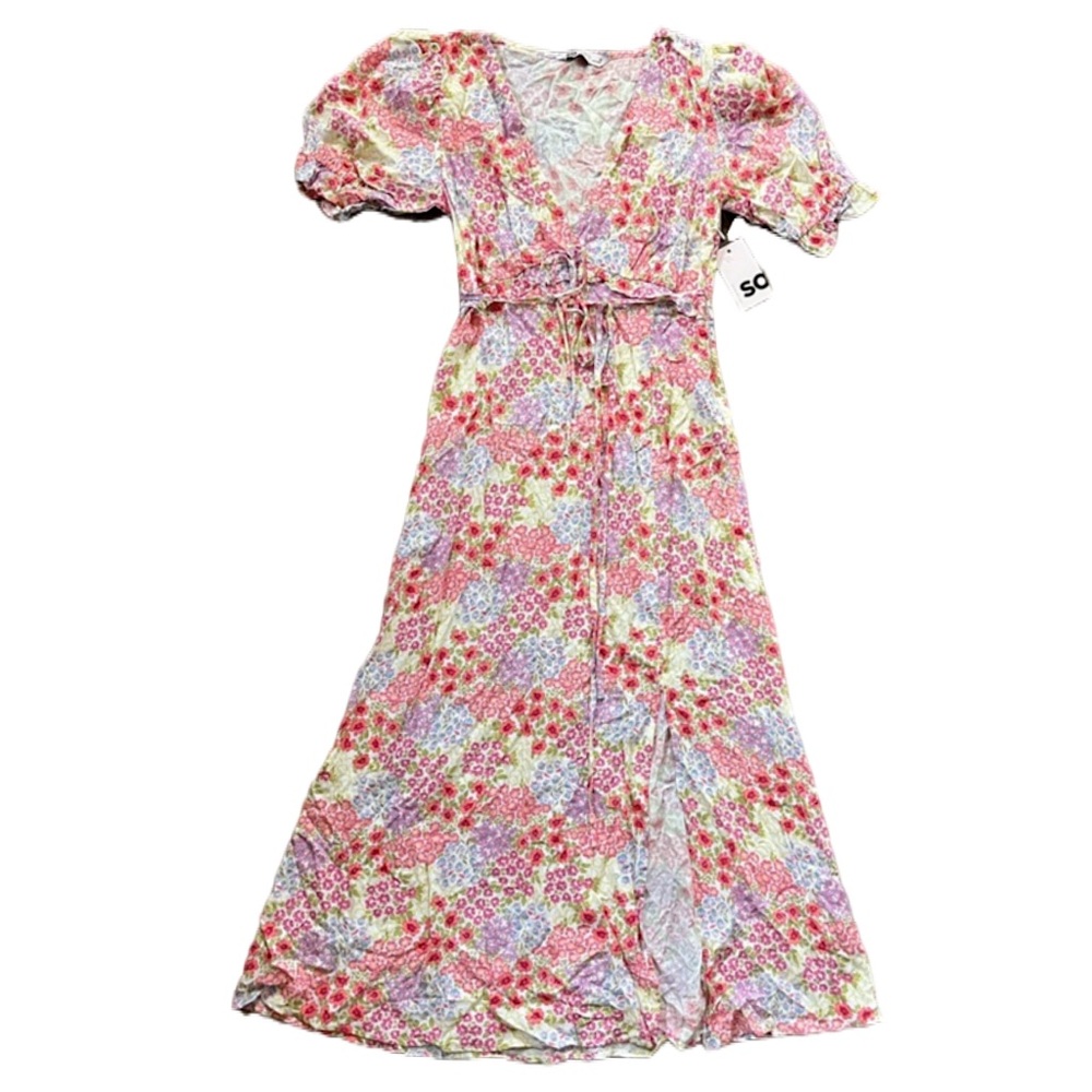SO Fit and Flair Floral Cottagecore Dress With Slit Puff Sleeves Women’s Size S